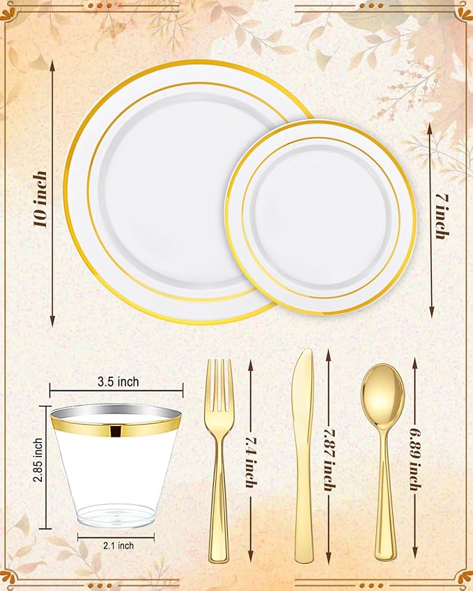 bUCLA 150PCS Gold Plastic Dinnerware Set Disposable - Heavy Duty Gold Plates Include 25 Dinner & 25 Dessert Plates,25 Forks,25 Knives,25 Spoons&25 Cups for Party&Thanksgiving Table Decor