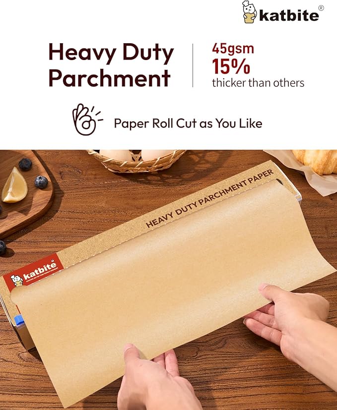 Katbite Heavy Duty Parchment Paper Roll for Baking, 15 in x 210 ft, 260 Sq.Ft Baking Paper with Slide Cutter, Easy to Cut & Non-stick Cooking Paper for Bread, Cookies, Air Fryer, Steaming, Grilling