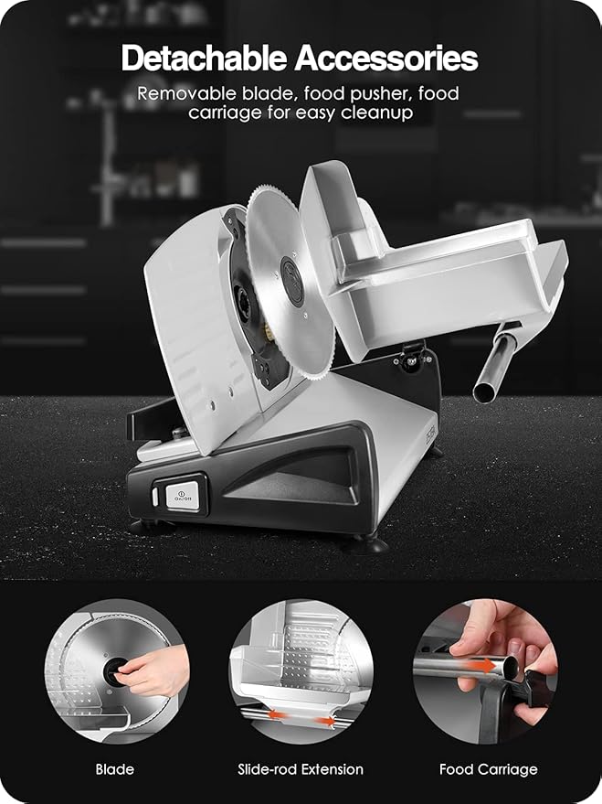 OSTBA Electric Deli Meat Slicer, 200W Food Slicer with 0-15mm Adjustable Thickness, 7.5” Removable Stainless Steel Blade & Food Carriage, Child Safety Lock, Easy to Clean - For Home Use