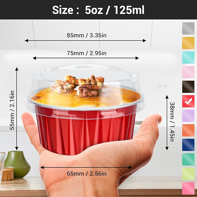 EUSOAR Aluminum Foil Muffin Cupcake Ramekin, 50pcs 5oz 125ml Disposable Aluminum Foil Muffin Cupcake Liners Cups with Lids, Disposable Aluminum Foil Cupcake Baking Cups Holders Cases Boxes Pans