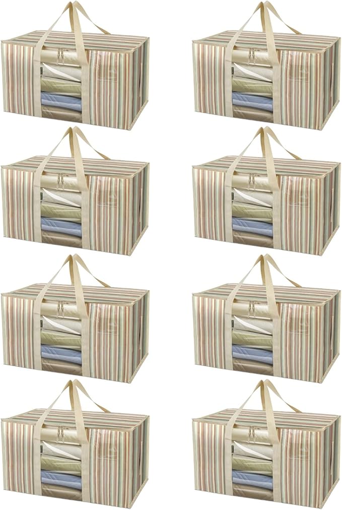 BALEINE 8-Pack Oversized Moving Bags with Reinforced Handles, Heavy-Duty Storage Tote Moving Supplies for Packaging, Camping (Color Stripe, 8-Pack)