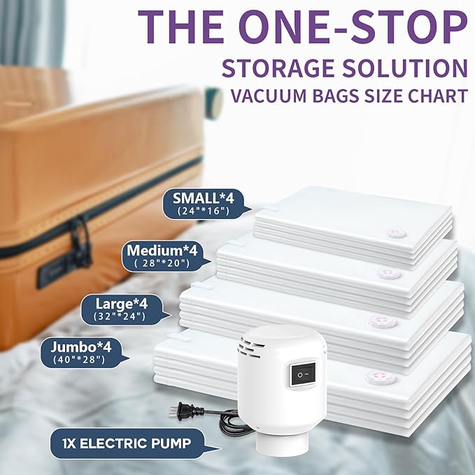 SZO 16 Pack Vacuum Storage Bags With Electric Air Pump,(4 Jumbo/4 Large/4 Medium/4 Small) Vacuum Seal Bags For Clothing Travel, Space Saver bags For Luggage, Blankets,Bedding,Moving Bags