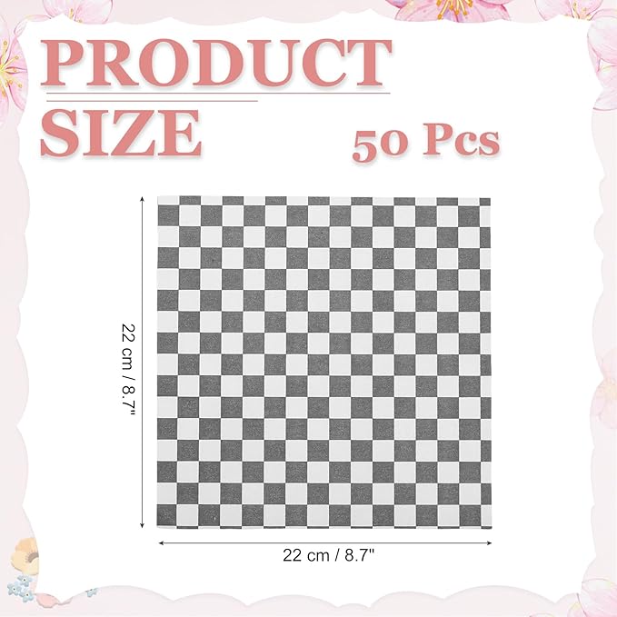 PATIKIL 8.7" x 8.7" Waxed Paper Sheets, 50Pcs Square Pattern Oil-absorbing Dry Food Wrapping Paper for Bakery Coffee Shop Home Baking Kitchen DIY, Black