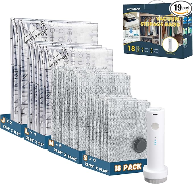 Space Saver Vacuum Storage Bags with Electric Pump, 18 PCS (6S,6M,4L,2J) Space Saver Vacuum Seal Bags for Clothing, Travel, Bedding, Blanket, Pillow, Comforter
