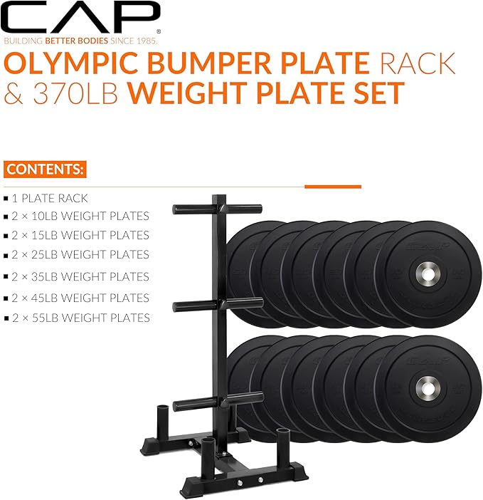 CAP Barbell 2-Inch Olympic Bumper Plate Weight Set with 6 Post Rack | 100-370 lbs | Multiple Options