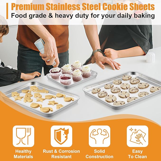 TeamFar Baking Sheet Set of 3, 16/12.5/10.5 Inch Stainless Steel Cookie Sheets Baking Pans, Metal Oven Baking Tray for Cooking Roasting Serving, Non-Toxic & Mirror Finish & Dishwasher Safe