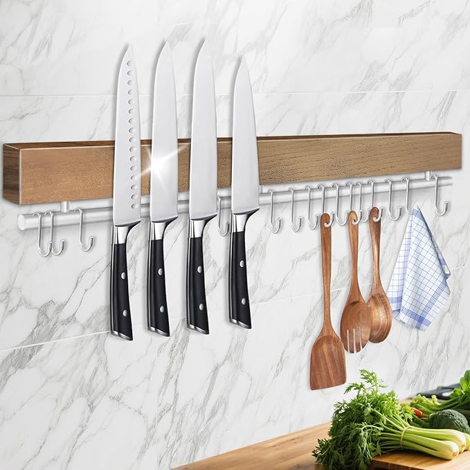 23 Inch Magnetic Knife Holder for Wall - Pailexin Wooden Magnet Knife Strip No Drill with 15 Hooks/Adhesive Tape/Screws, Kitchen Utensil Holder, Magnetic Knife Organizer, Wall Mounted Knife Storage