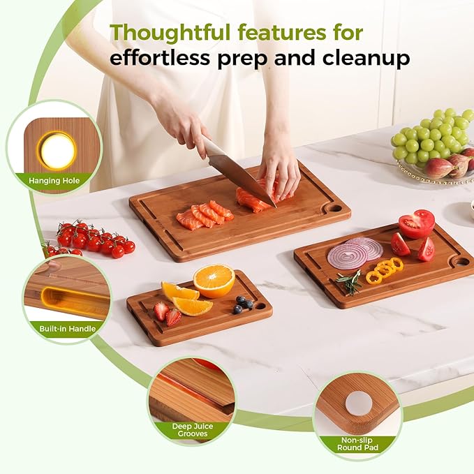 Bamboo Cutting Board for Kitchen, Wooden Cutting Board 3-Piece Set with Non-Slip Mat Deep Juice Groove and Built-In Handles, Wood Cutting Board for Meat Vegetables Fruit Ideal Gift for the Home