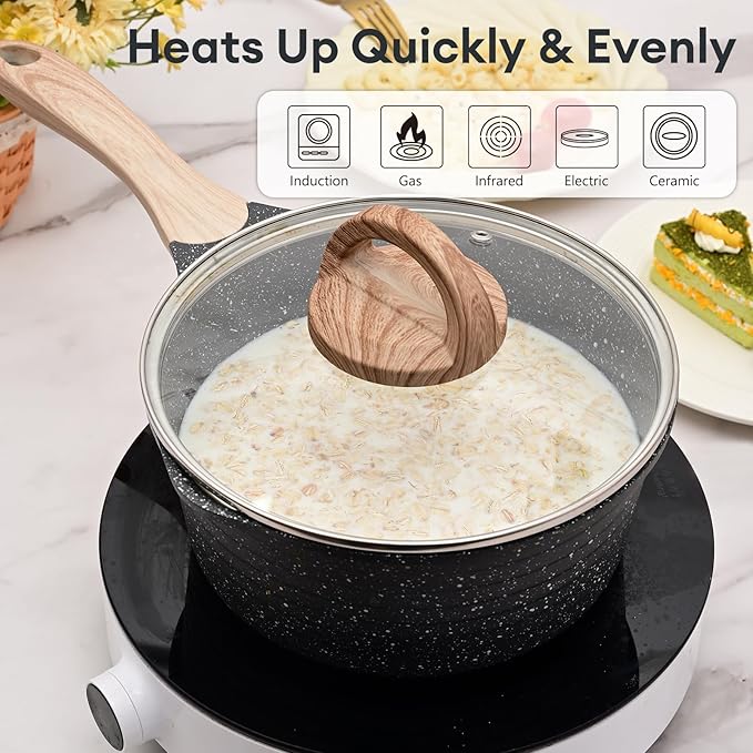 JEETEE 2 Quart Sauce Pan with Lid, Non Stick Small Pot with Coating, Masterclass Cookware Sauce Pot for Cooking, PFOA/PFOS Free