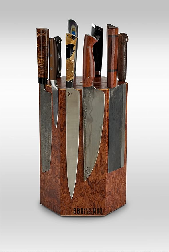 360KB MAX ™ (Bubinga Pomele - Limited Edition 2023) magnetic rotating knife block - w/top slots, capaciy for 20+ knives - largest in the 360 Knife Block ® family.
