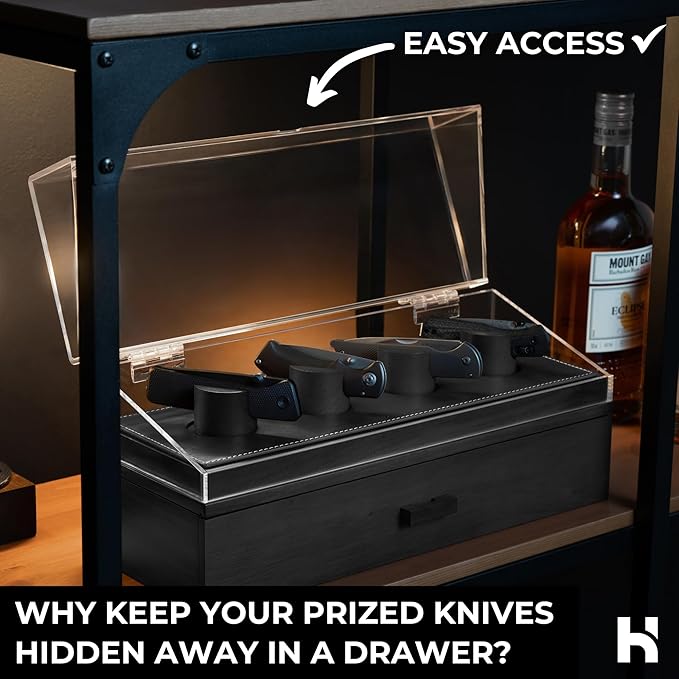 Premium Pocket Knife Display Case for 10 Knives - Wooden Knife Organizer, Storage & Holder with Unique Pillars, Hinged Cover, Drawer - Knife Collection Box - Handcrafted for Men
