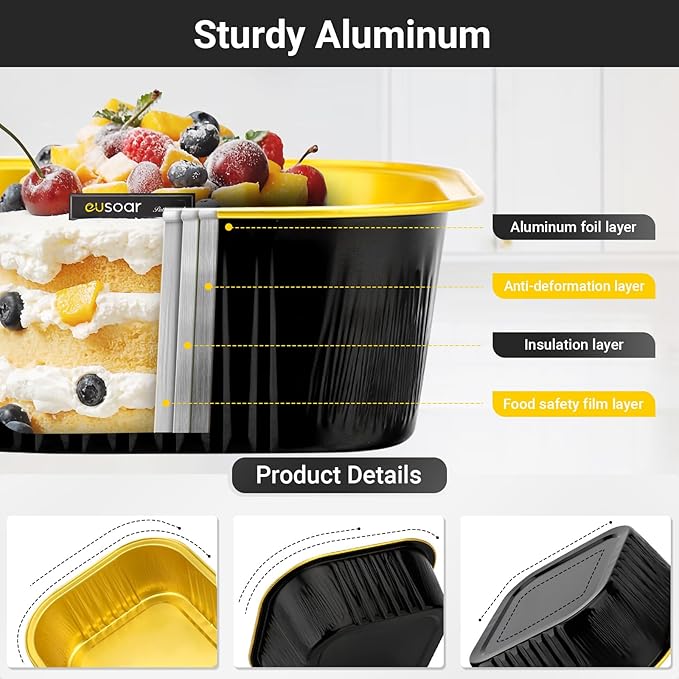 EUSOAR Square Dessert Cups with lids, 10oz 50pcs Disposable Muffin Liners Cupcake Cups Desserts Flan, 300ml Baking Cups, Aluminum Foil Desserts Flan, Custard Cake Catering Gathering Favor-Black Gold