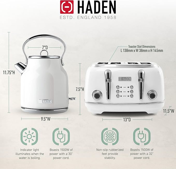 Haden Heritage Stainless Steel Body Retro Electric Tea Kettle, White and Haden Heritage 4 Slice Wide Slot Stainless Steel Retro Toaster, White