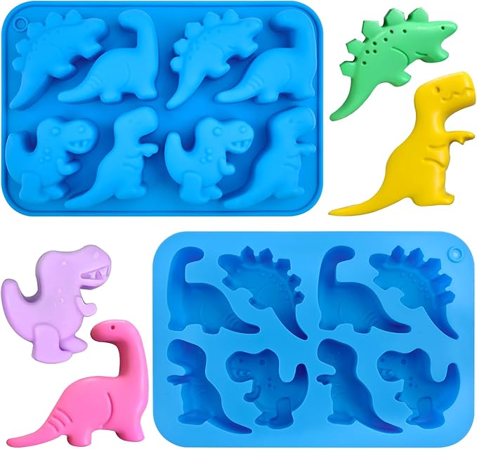 JOERSH 2Pcs Dinosaur Silicone Candy Molds Gummy Dinosaur Molds 8-Cavity Shaped with T-rex, Stegosaurus, Triceratops, Brontosaurus, Non-Stick for Chocolate, Cookie, Snacks, Cake Decorations