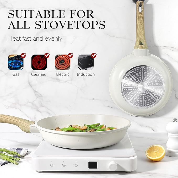 GiPP Nonstick Frying Pan Skillet with Lid - 9.5" White Granite Non Stick Pans, Omelette Pan with Heat-Resistant Handle, Compatible with All Stovetops, PFOA Free