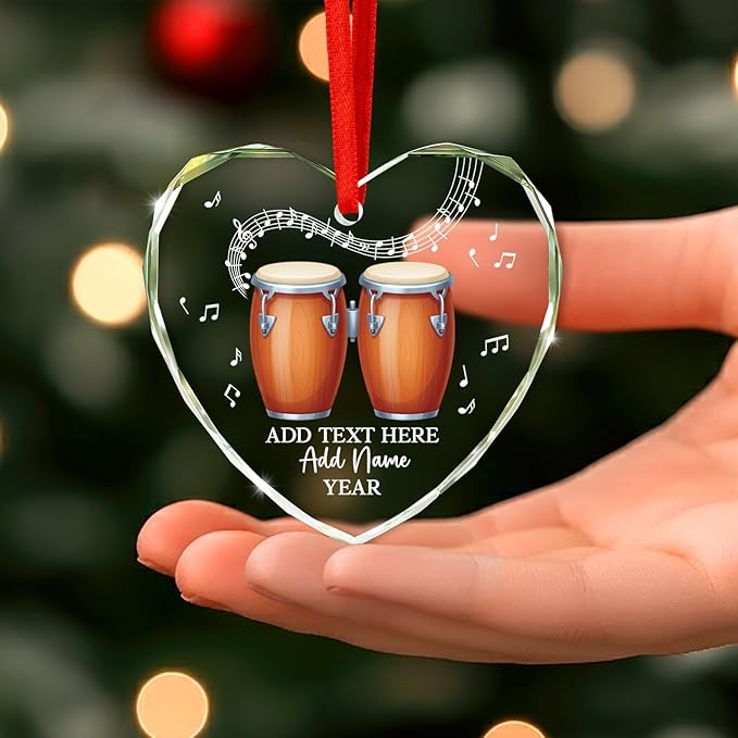 Custom Bongo Drums Glass Ornament Gift for Music Band, Bongo Drums Player Christmas Ornament 2025, Personalized Drummer Xmas Tree Ornaments with Text Name Year, Instrument Xmas Keepsake