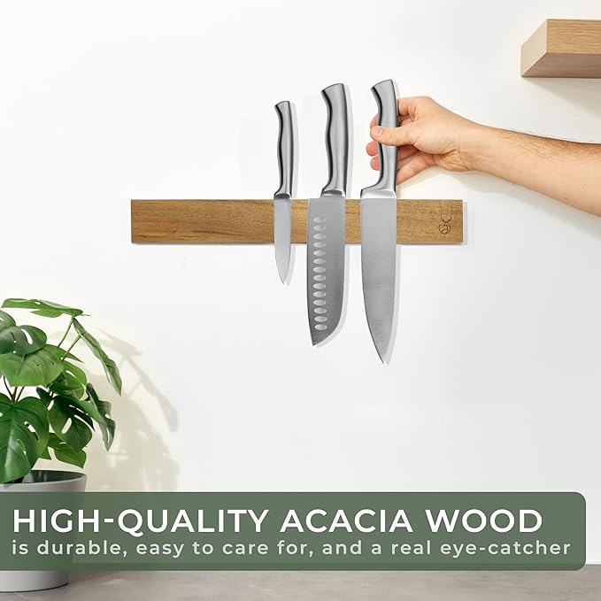 WALDWERK Knife Magnetic Strip (15,7 x 2 in) Mount with Adhesive or Screws - Magnetic Knife Holder for Wall - Magnetic Knife Strip made of Elegant Acacia Wood - Magnetic Knife Holder for Heavy Knifes