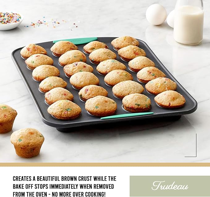 Trudeau 24-Cup Silicone Muffin Pan – Hybrid Non-Stick Bakeware with Steel Frame, Flexible Silicone with Hard Lining to Hold Shape, BPA-Free, Dishwasher Safe, Heat Safe to 428°F, Grey/Mint
