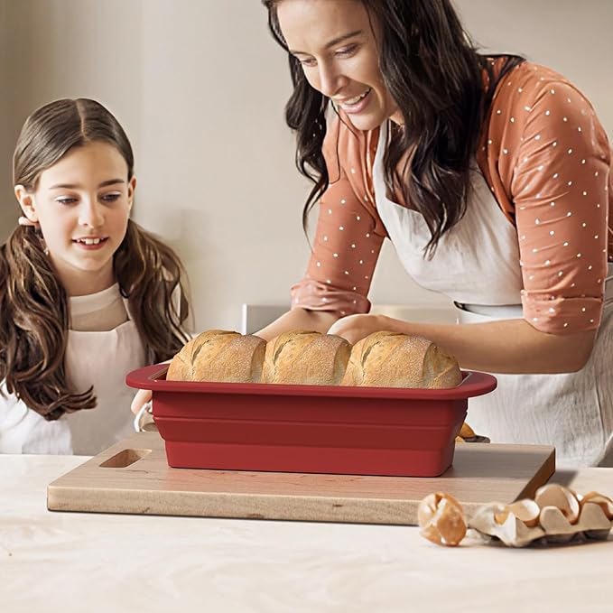 Silicone Bread Loaf Pan With Foldable Function and Metal Reinforced Frame,Rectangular Non-Stick Baking Mold Pans for Oven, Bread, Cake, Easy Release(9"x4"x2.5", Red, 1 Piece)