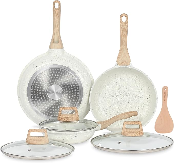 ESLITE LIFE Nonstick Ceramic Frying Pans Skillets Set with Lids, Non-Toxic Egg Omelette Kitchen Cooking Pans Compatible with All Stovetops (Gas, Electric & Induction), PTFE & PFOA Free (White)