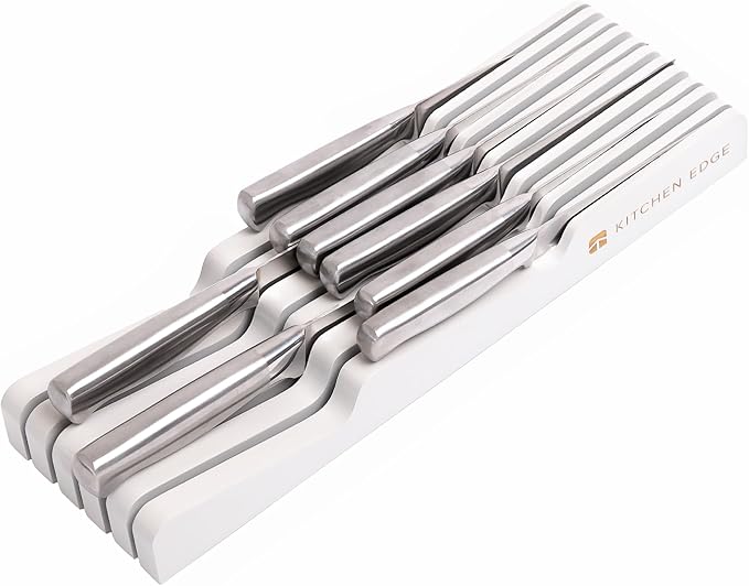 KitchenEdge White Knife Drawer Organizer Insert - Knife Block Holder, Holds 5 Long + 6 Short Knives (Not Included), Fits Most Sizes, Non-Slip Feet, 100% Sustainable Bamboo, Food-Safe White Finish