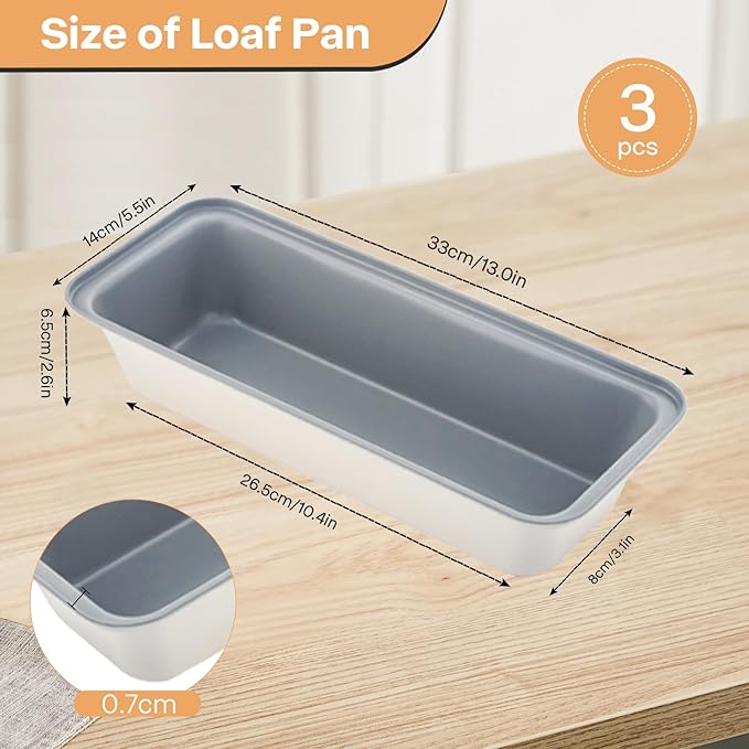 3-Pack 13×5 Inch Loaf Pan for Baking Bread, Nonstick Carbon Steel Bread Pan, Rust-Resistant & Warp-Resistant Full-Size Large Loaf Pan for Homemade Bread, Banana Loaf and Meatloaf