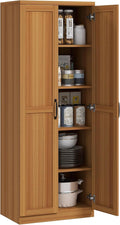 HOMCOM 63" 2-Door Kitchen Pantry, Freestanding Storage Cabinet with 5-Tier Shelving and 2 Adjustable Shelves for Dining Room, Teak Wood Grain