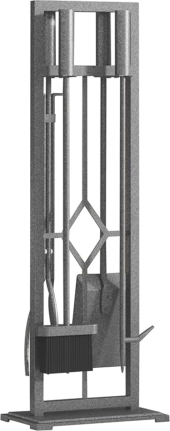 Fire Beauty 5 Pieces Fireplace Tools Set Wrought Iron Fire Place Pit Poker Holder(Pewter)