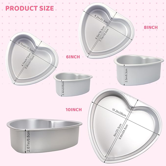 Heart Shaped Cake Pan Aluminum Cake Pans Heart Cake Tin Baking Cake Mold for Valentine's Weddings Birthday Party (3, 6 inch,8 inch,10inch)