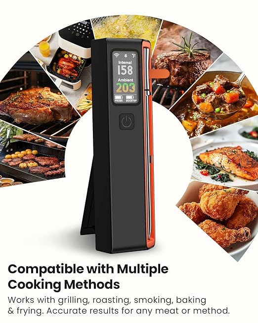 Wireless Bluetooth Smart Meat Thermometer: ±0.5°F Accuracy, 1 Probe with 6 Sensors - WiFi Digital Thermometer with LED Base, NIST Certified Accuracy, Long-Range for BBQ, Grill, Smoker, Oven