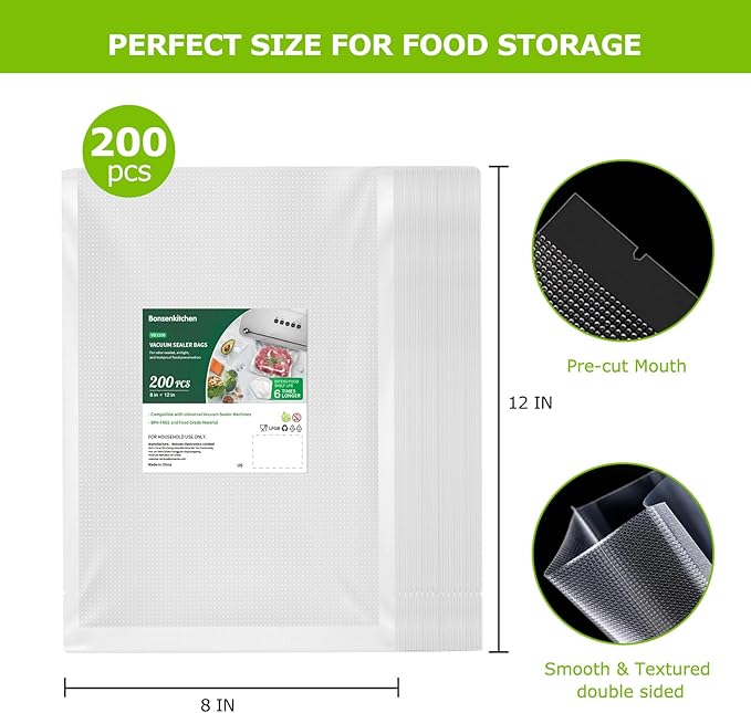 Bonsenkitchen Precut Vacuum Sealer Bags 200 Quart 8" x 12", BPA Free, Commercial Grade Textured Food Vacuum Sealer Bag, Thick Embossed Bags for Storage and Sous Vide Cooking VB3208