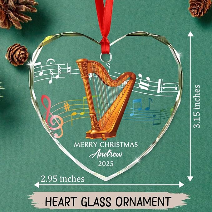 Customized Year Text Name Harpist Harp Player Glass Christmas Ornament, Personalized Harp Musical Instrument Xmas Ornaments Gift for Bestie Coworker Parents Grandkids,Unique Harps Instrument Ornament