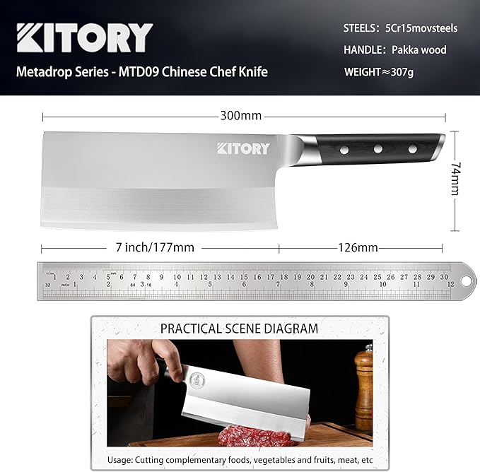 Kitory 7" Lightweight Cleaver, Chinese Chef Knife for Slicing & Chopping (No Bones)- German High Carbon Steel - Ergonomic Pakkawood Handle - Ideal for Women, 2024 Gift (Metadrop Series)