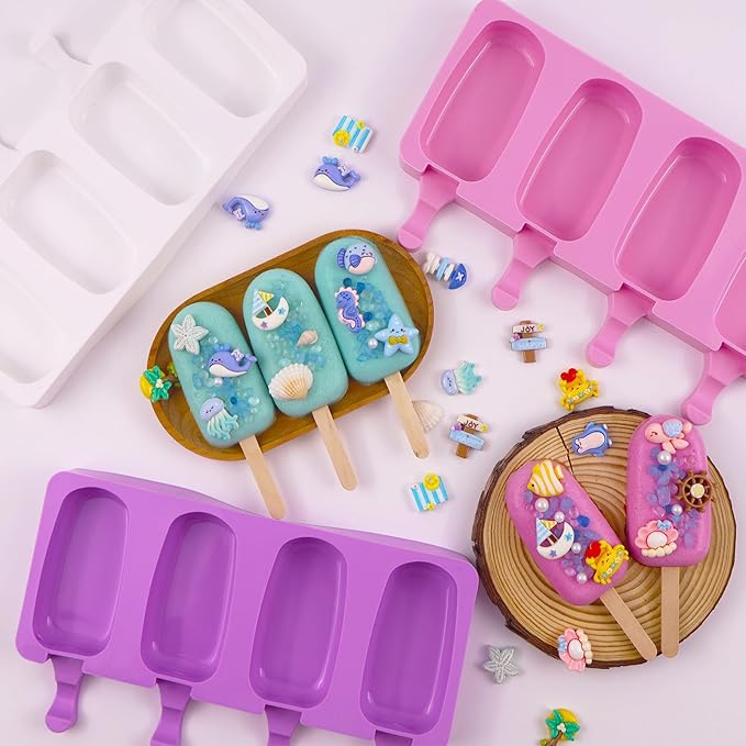 3pcs Large Silicone Popsicle Molds with Lids,4 Cavities Cake Pop Molds,Oval Ice Cream Bar Mold Ice Pop Cakesicle Molds Silicone with 100 Wooden Sticks & 100 Bags &100 Twist Ties(Purple)