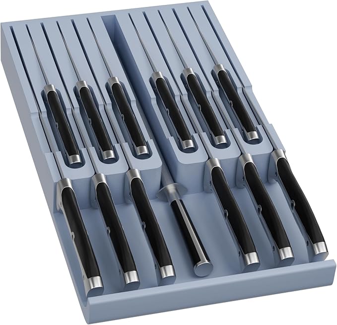 Domax Bamboo In-drawer Knife Block - Knife Drawer Organizer Insert Large Handle Steak Knife Holder, Kitchen Drawer Knife Organizer Fits for 12 knives and 1 Sharpening Steel (Not Included), Gray