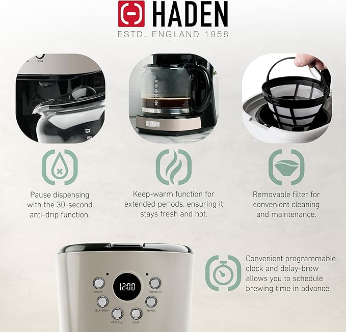 Haden 12 Cup Programmable Drip Coffee Maker Coffee Machine Bundled with Dorset 4 Slice Wide Slot Stainless Steel Toaster, Putty & Chrome