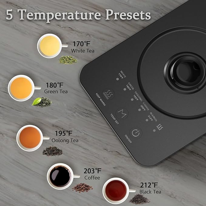 Gooseneck Electric Kettle,Ulcreigo Tea Kettle for Boiling Water, Temperature Control with 5 Variable Presets,Hot Water Boiler Heater for Pour Over Coffee, Keep Warm 2 Hours,304 Stainless Steel(Black)