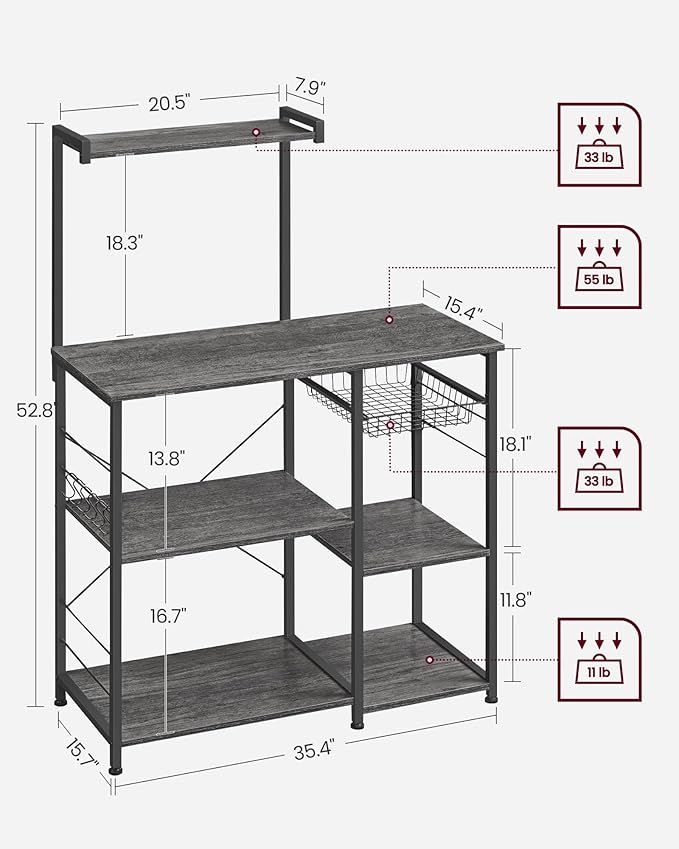 VASAGLE Baker's Rack, Microwave Stand, Kitchen Storage Rack with Wire Basket, 6 Hooks, and Shelves, for Spices, Pots, and Pans, Charcoal Gray and Ink Black UKKS035B04