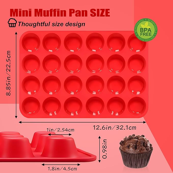 24 Cups Cupcake Pan,Mini Silicone Muffin Pan,Nonstick Food Grade Silicone Baking Cups,Great for Making Muffin Cakes, Tart, Bread - 2 PCS