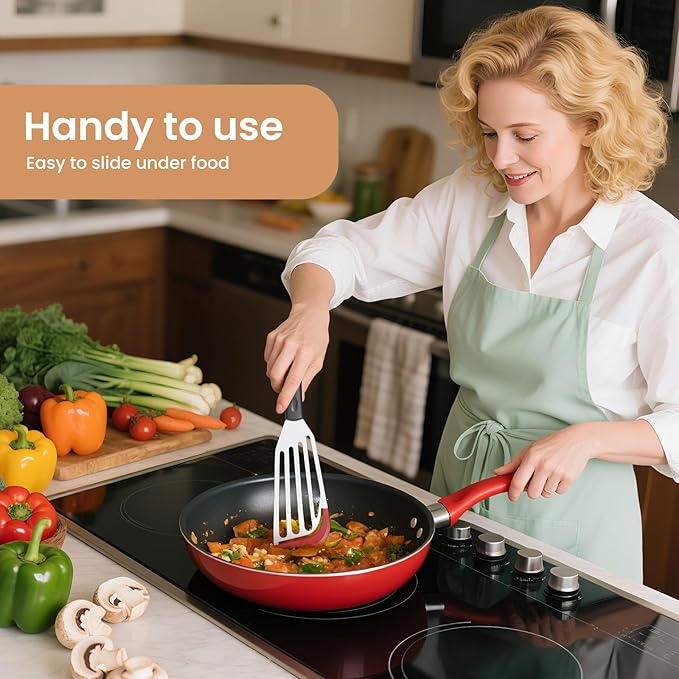 2Pack Silicone Fish Spatulas for Nonstick Cookware,Fish Turner Spatula Stainless Steel with Heat Resistant Silicone Edge,Metal Slotted Spatula for Flipping Fish Egg Patties Fries Pancake Steak (Red)