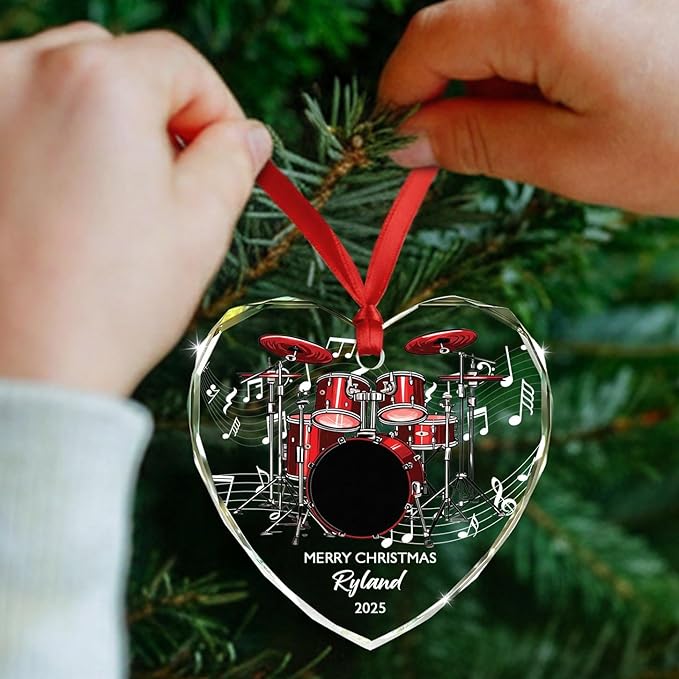 Personalized Drum Musical Instrument Glass Ornament, Customized Year Text Name Christmas Ornaments Gift for Drummer Husband Wife Dad Mom Kids, Unique Drum Set Glass Christmas Ornament for Birthday