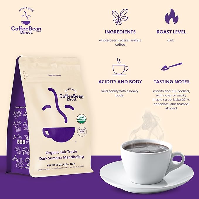 Coffee Bean Direct Organic Fair Trade Dark Sumatra Mandheling, Whole Bean Coffee, Dark Roast, 1 Pound Bag (Pack of 1)