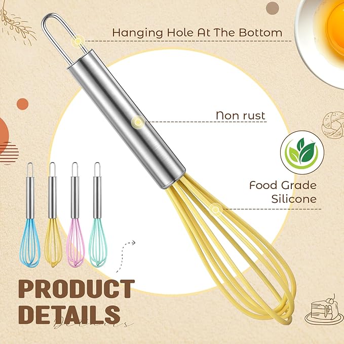 Baderke 12 Pcs 6 Inch Mini Whisks Bulk with Stainless Steel Handles Small Silicone Kitchen Whisks Non Stick Tiny Balloon Wire Whisk for Mixing Stirring Baking Cooking Party Favor Gift(Macaron)