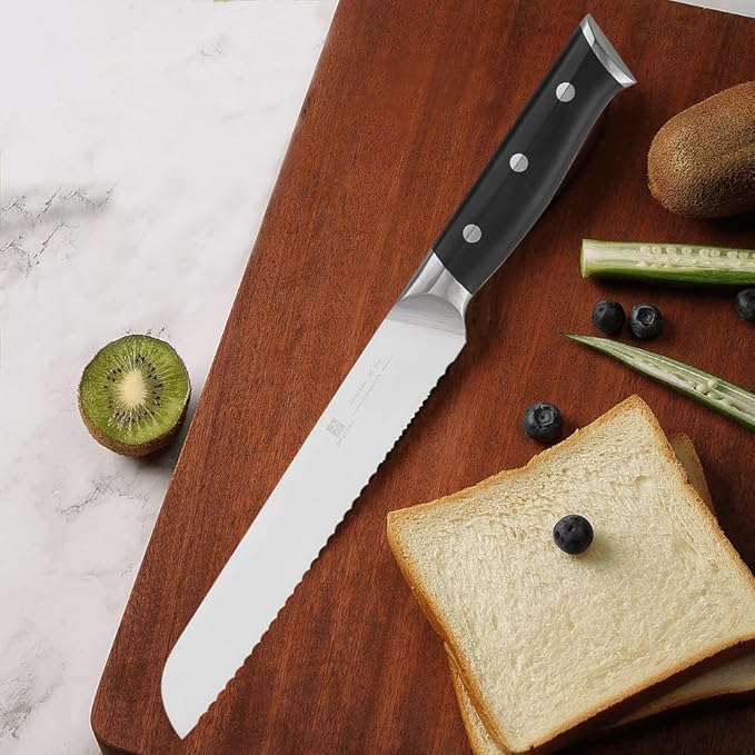 8 Inch Bread Knife Home Cooking Chef Gifts for Women Men: A Wide Wavy Edge Serrated Knife with an Upgraded Stainless Steel Razor Sharp Black Handle - for Delicious Homemade Bread, Bagels, and Cake.