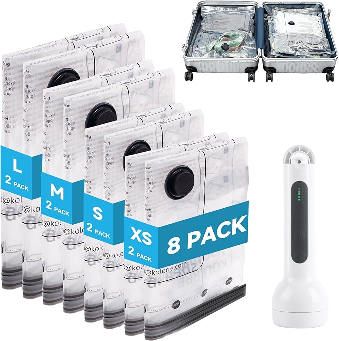 8 Pack Travel Vacuum Seal Bags with Rechargeable Electric Pump, 4 Sizes Space Saver Vacuum Storage Bags for Luggage, Suitcase & Home Organization, Reuseable Vacuum Seal Bags for Clothing