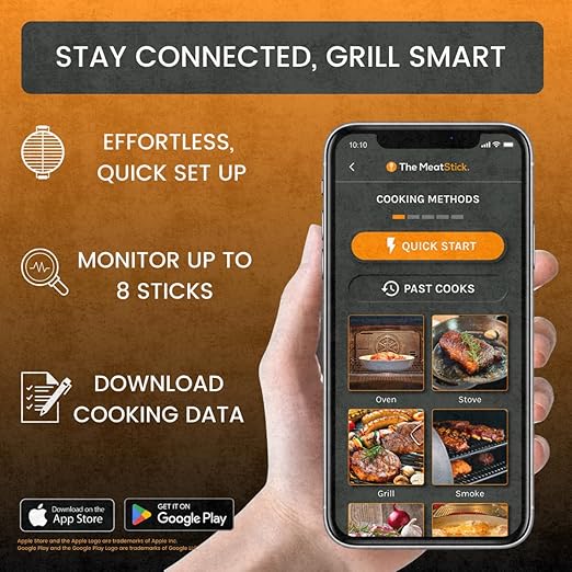 ChefX Wireless MeatStick - Smart 4 Sensor Bluetooth Meat Thermometer for Grilling & Smoking, 650ft+ Range