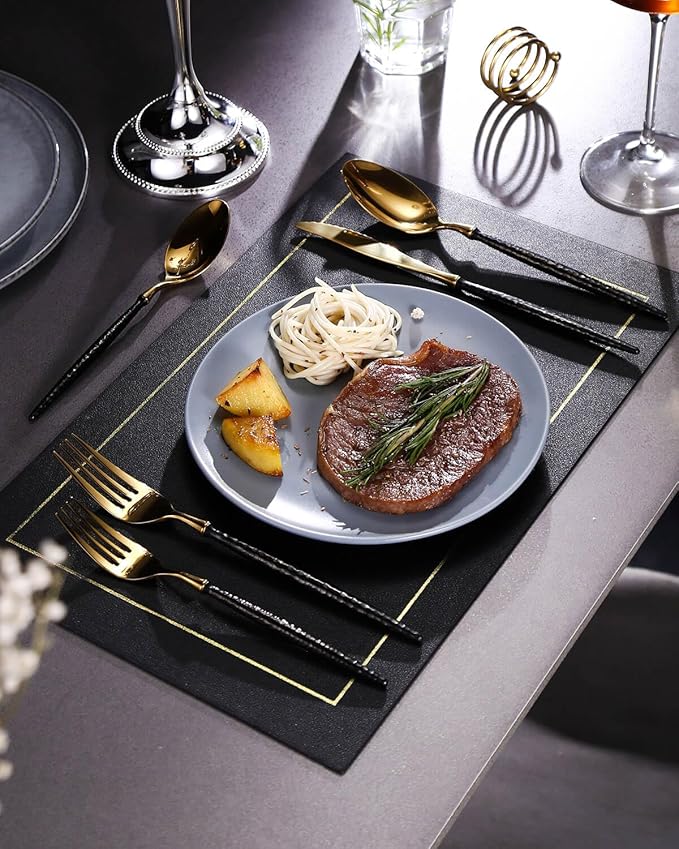 Lemeya 20-Piece Hammered Black Gold Silverware Set,18/10 Stainless Steel Forging Heavy Duty Cutlery Set for 4, Luxury Unique Flatware Set,Spoons and Forks Set,Mirror Polished,Dishwasher Safe