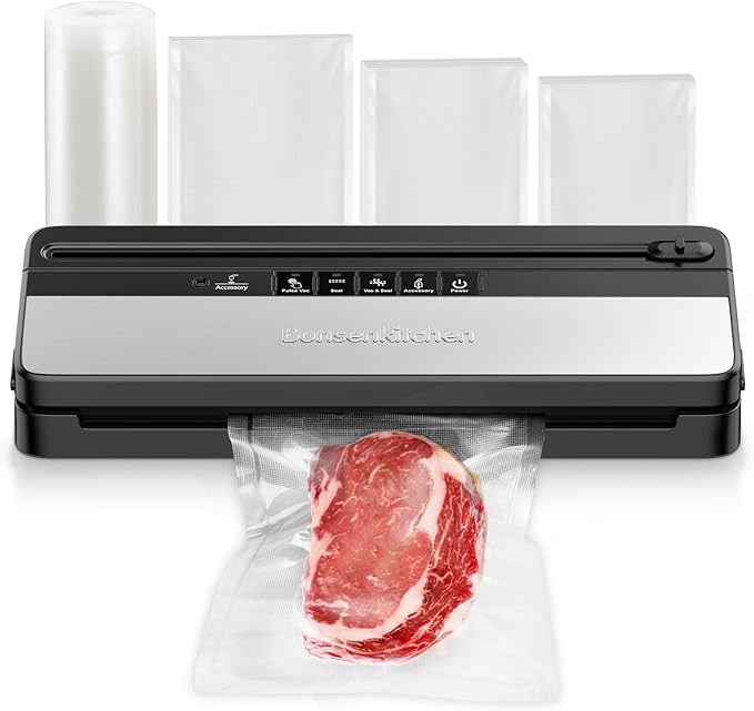Bonsenkitchen Vacuum Sealer Machine, Multi-Functional Food Sealer with 1 Roll Bag & 50 Vacuum Bags, Built-in Cutter | Bag Storage, Black-Silver