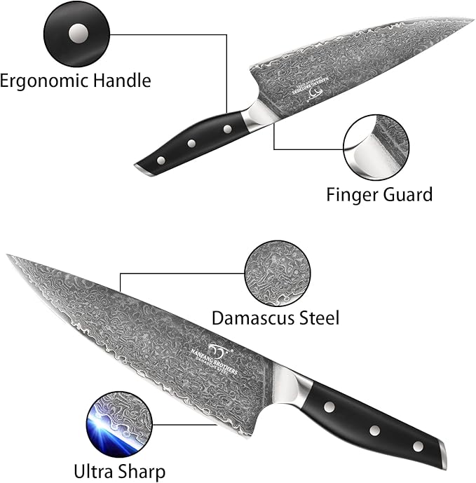 Damascus Knife Set with Block for Kitchen, VG10 Core Damascus Steel Chef Knife Set with Triple-Rivet Handle, Knife Sharpener, 16PCS with Ash Wood Knife Block
