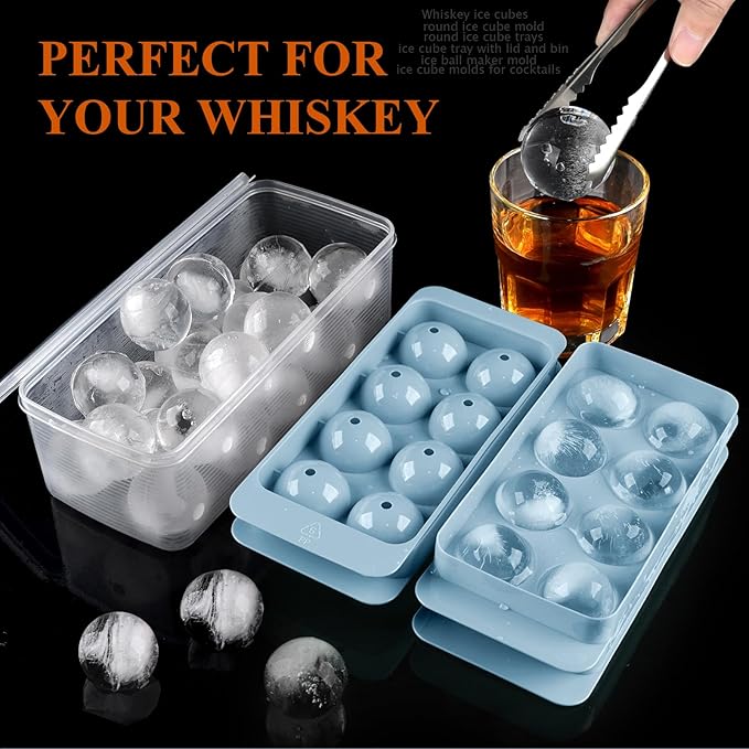 Round Ice Cube Mold,2 x 8 PCS x 1.8'' Whiskey Ice Cubes,Circle Ice Cube Tray with Lid and Bin,Sphere Ice Ball Maker Mold,Large Ice Cube Molds for Cocktails,Coffee(Whiskey Ice Cubes Mold,Blue)